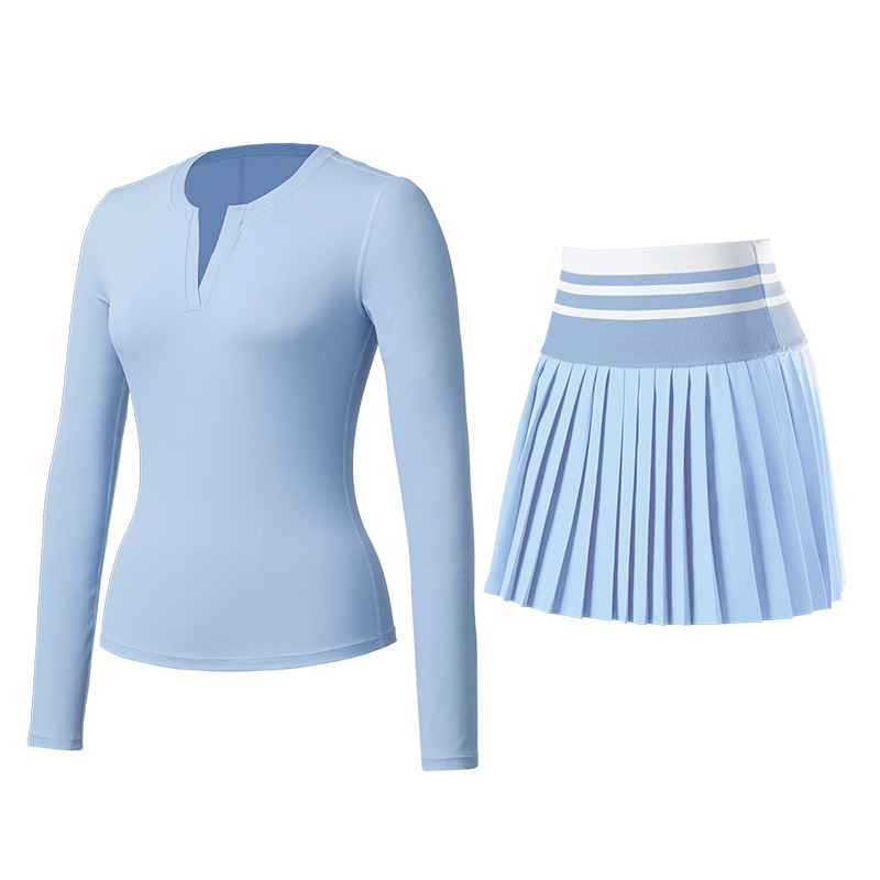 Trajes deportivos de otoño y invierno ropa de tenis ropa de yoga cuello V mangas largas anti-luz falda de tenis para correr camisetas deportivas