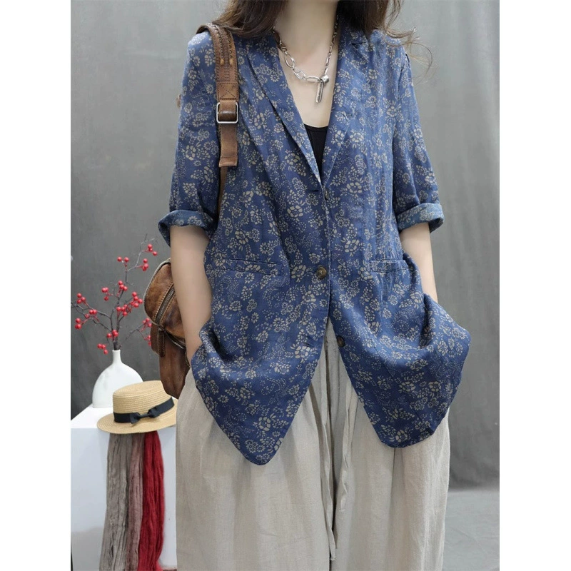 Хлопковая и льняная женская одежда 2025 летний новый рома с принтом ретро свободный характер