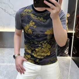欧洲站男士潮流夏季半袖新款轻奢欧货花色时尚帅修身弹力T恤