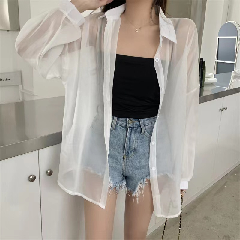 珠光冰丝防晒衬衫女夏季薄款开衫垂感罩衫衬衣外套上衣雪尼尔面料|undefined