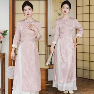 2025春装新品气质盘扣连衣裙套装人丝富贵花提花立领茶服套装禅意