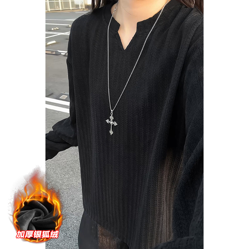 现货5W件鱼骨纹V领条纹美式长袖T恤T24536特P21 T24536J加绒特P30|undefined
