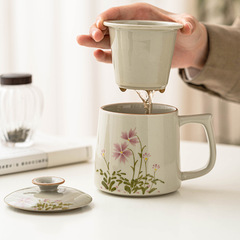 メーカー手描き小デイジー泡茶カップ茶水分離マグカップ蓋付き陶磁器茶器オフィスカップロゴ