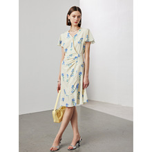 真丝连衣裙女2025春夏新款碎花V领收腰超仙100%桑蚕丝裙子