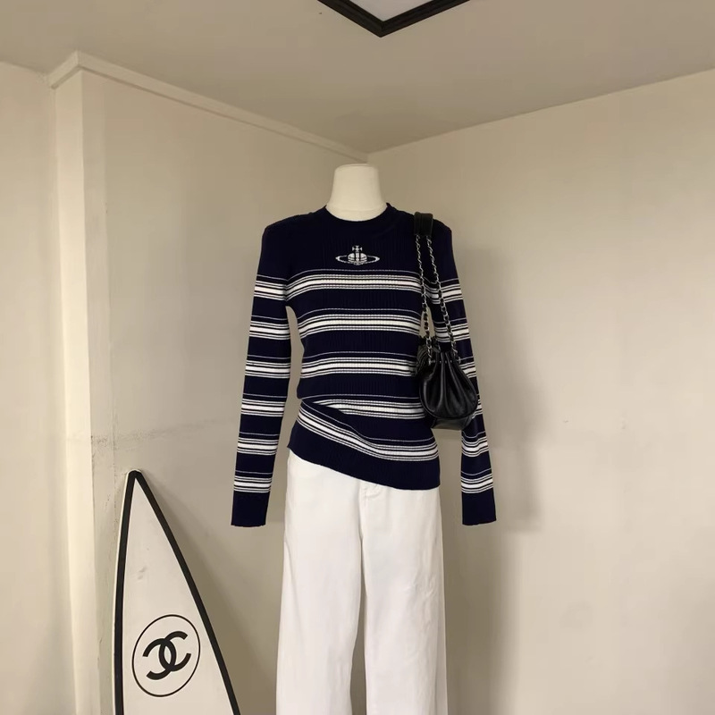 New Style Empress Striped Knit Sweater Fashion Trendy Brand Round Neck Pullover Color Block Long Sleeve 2025 Autumn Lazy Style Top