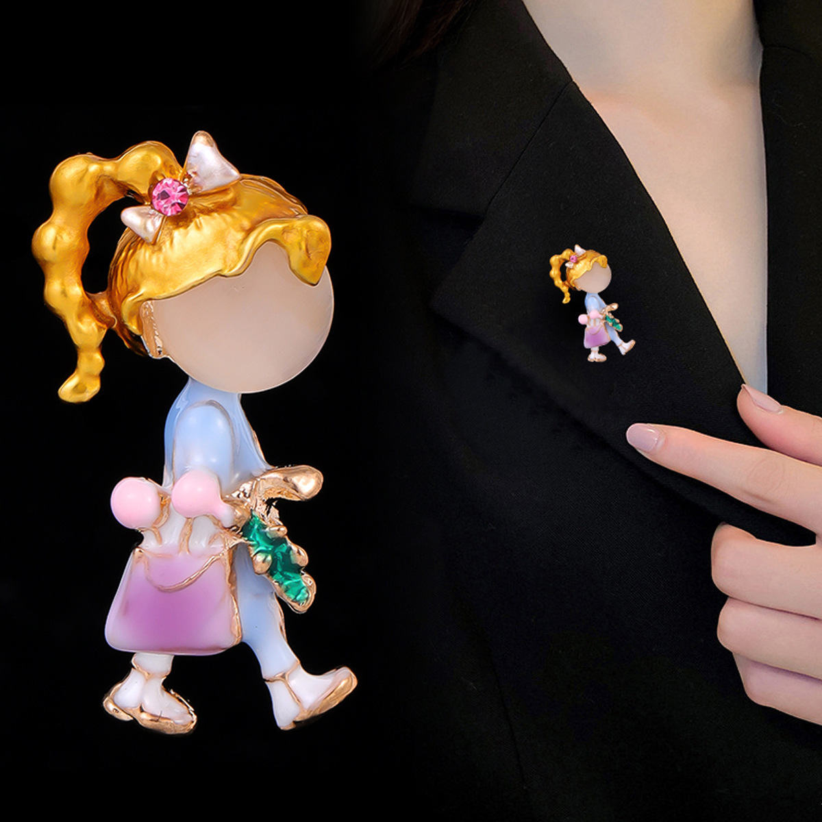 Cartoon Oil Dripping Walking Girl Bag Brooch Versatile Suit Cat's Eye Stone Pin Niche Design Corsage Accessories