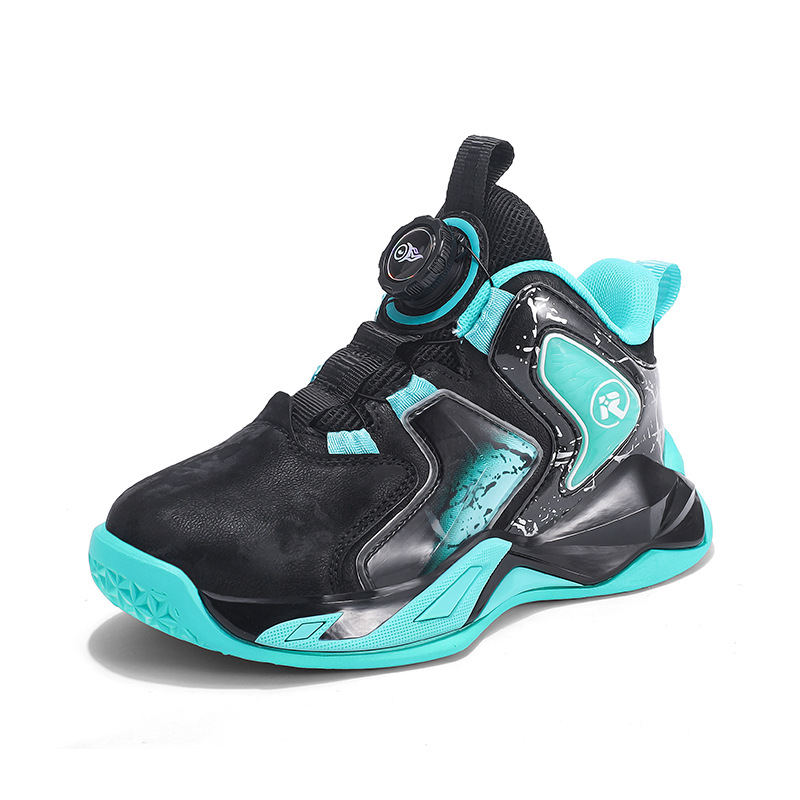 Inventario al por mayor de tendencia de zapatos de baloncesto de cuero con botones giratorios cómodos zapatos deportivos interiores frescos zapatos para niños para correr