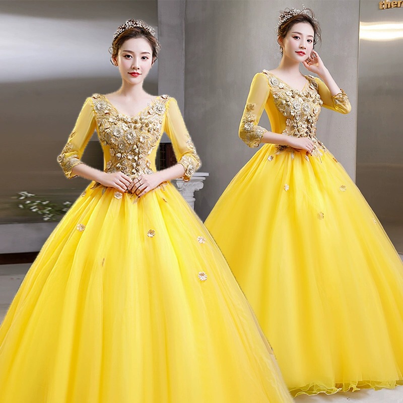 Art exam color yarn 2024 New Golden solo performance costume chorus clothing dream pettiskirt long evening dress
