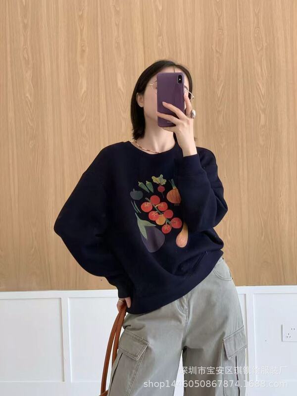 琪镌绘制秋季新款宽松休闲卫衣花卉印花女装圆领百搭卫衣运动上衣|undefined