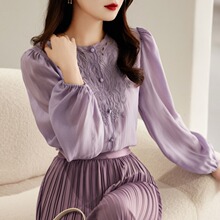 法式优雅风定位刺绣气质圆领长袖衬衫灯笼袖小上衣防晒衬衫女春夏