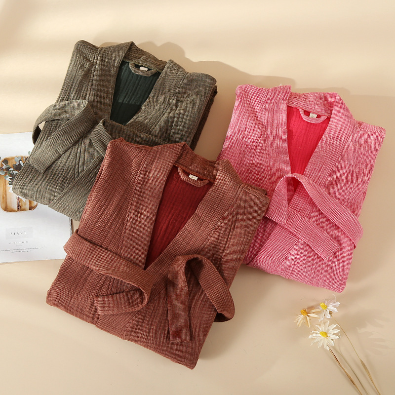 Japanese Couple's Pure Cotton Nightgown Spring Autumn Winter Four-layer Gauze Thickened Bathrobe Simple Plaid Loose Home Clothes for Men and Women