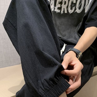 Men's Summer Thin Cotton and Linen Pants, Cropped Casual Pants, Slim-Fit Linen Joggers, Versatile Black Jogger Pants
