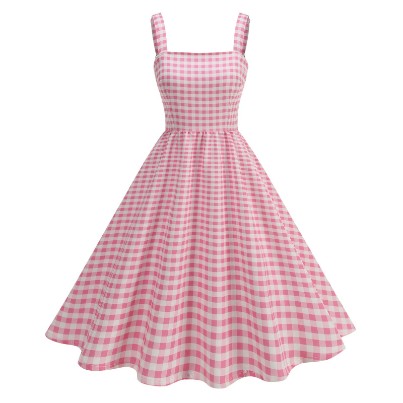 Amazon AliExpress Independent Station Pink Plaid Age-reducing Sling Long dress Sexy Tube-length Plaid Dress
