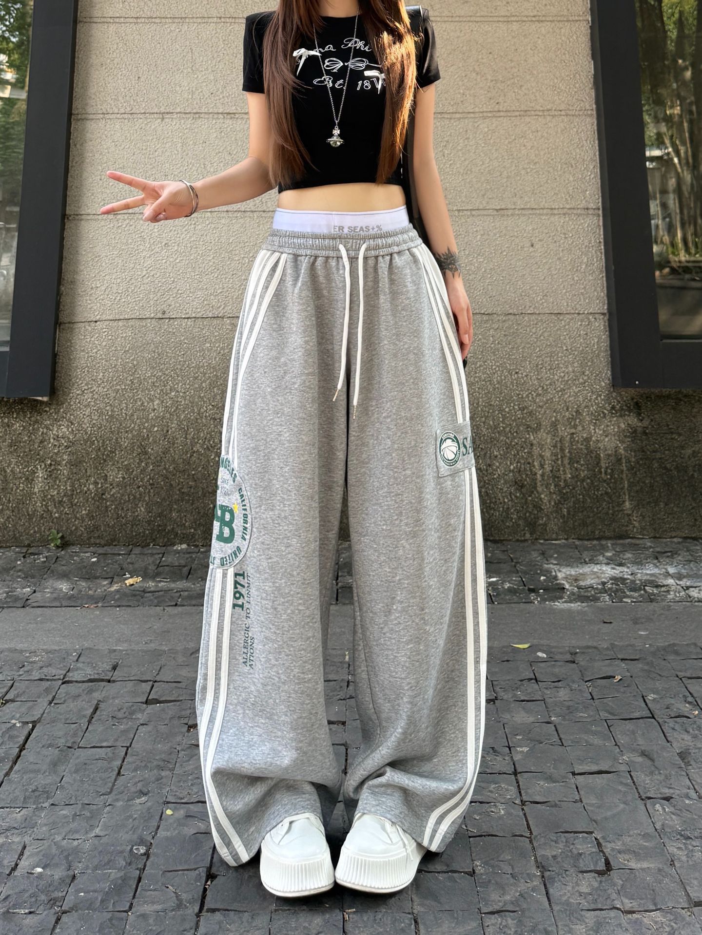 美式复古双腰头字母印花卫裤男女春秋街头爵士舞条纹直筒阔腿艺瑾