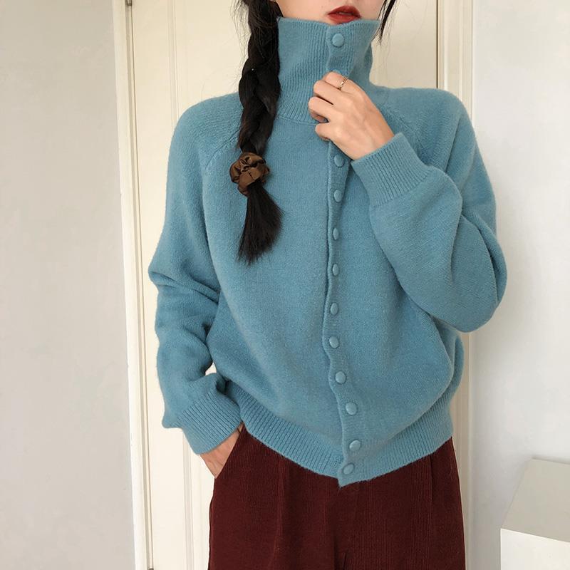Yifantai 秋と冬の新しいタートルネックニットカーディガン女性のレトロ韓国スタイル怠惰なスタイルのハイエンドルーズセータージャケット|undefined
