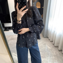 韩系女主角！气质爱心印花衬衣2025秋季立领宽松天丝长袖衬衫上衣