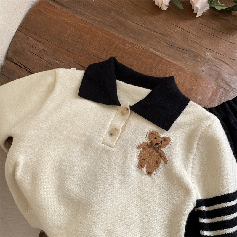 Ensemble pull et demi-jupe pour filles, nouvelle édition coréenne, Style académique, dessin animé petit ours, automne 2022_voghion.com