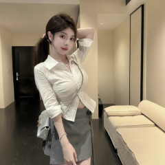 ACHI大也池白色翻领褶皱长袖衬衫女气质设计感单排扣修身收腰上衣