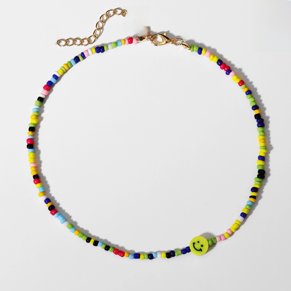 Trendy Yellow Smiley Rice Beads Necklace Handmade Fashion Colorful Rice Beads Clavicle Chain Bohemian Short Necklace Chain_voghion.com