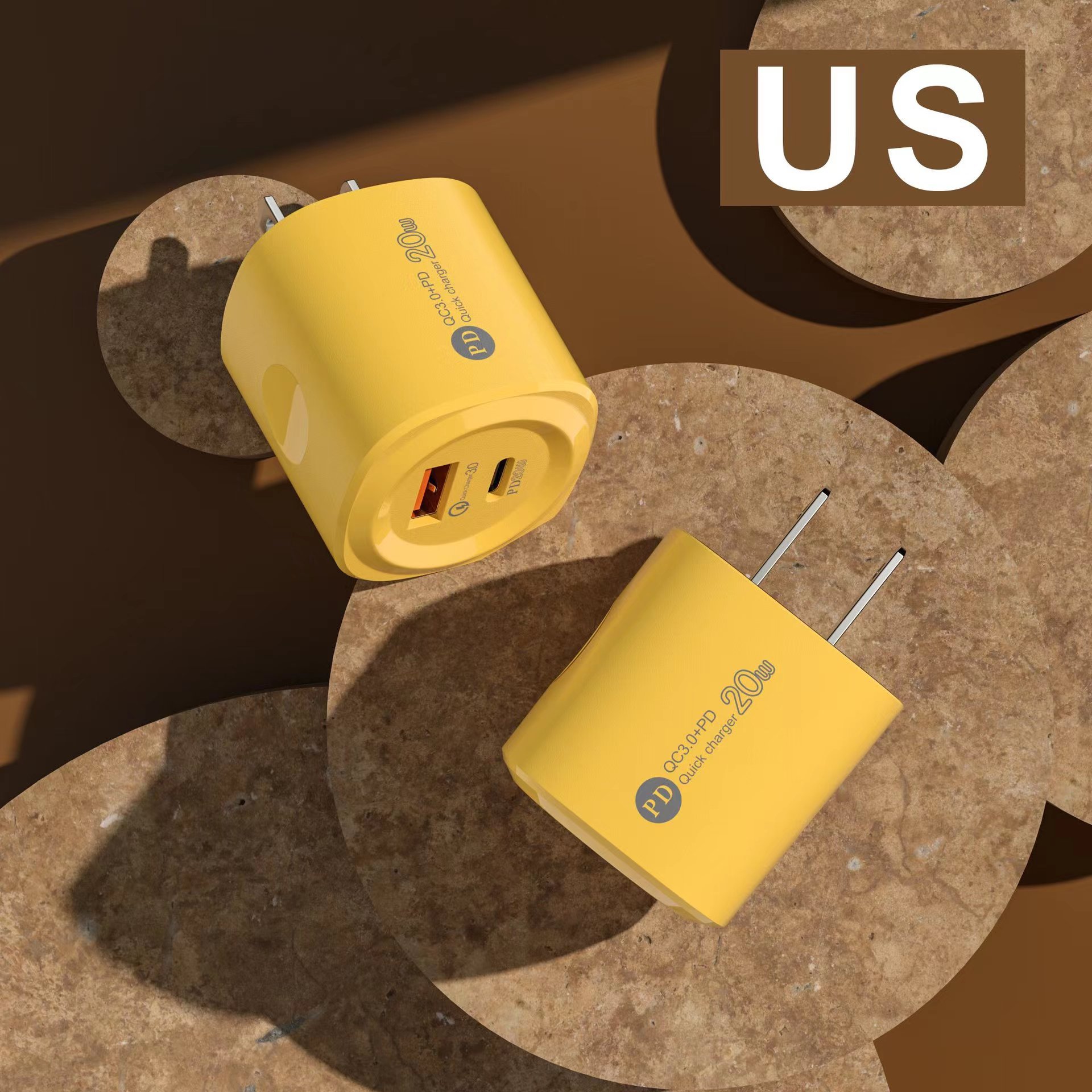 PD20W+QC3.0 European and American standard mobile phone multi charger yellow round shell dual port fast charging head_voghion.com