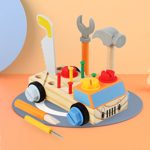 Cross-border hot-selling infant and toddler combination toys, simulation repair disassembly matching wooden screw nut building block car 
