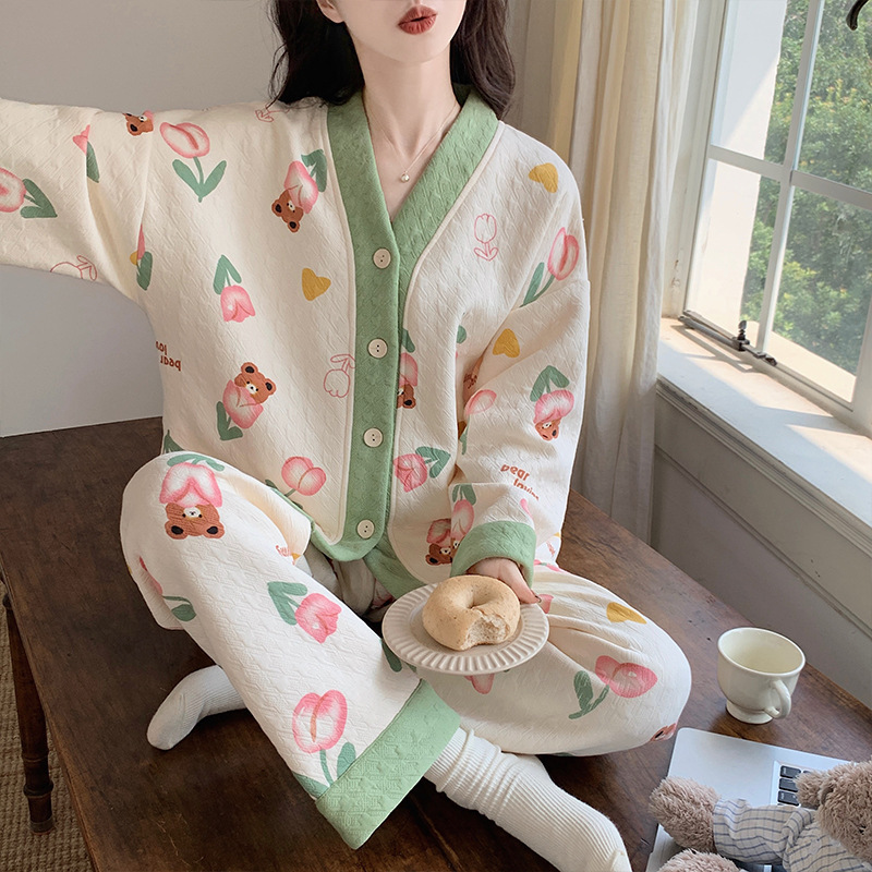 Winter New Women's Pajamas Three-Layer Quilted Lapel Thickened Heated Wearable Warm Home Set Cross-Border Hot Item Winter New Women's Pajamas Three-Layer Quilted Lapel Thickened Heated Wearable Warm Home Set Cross-Border Hot Item