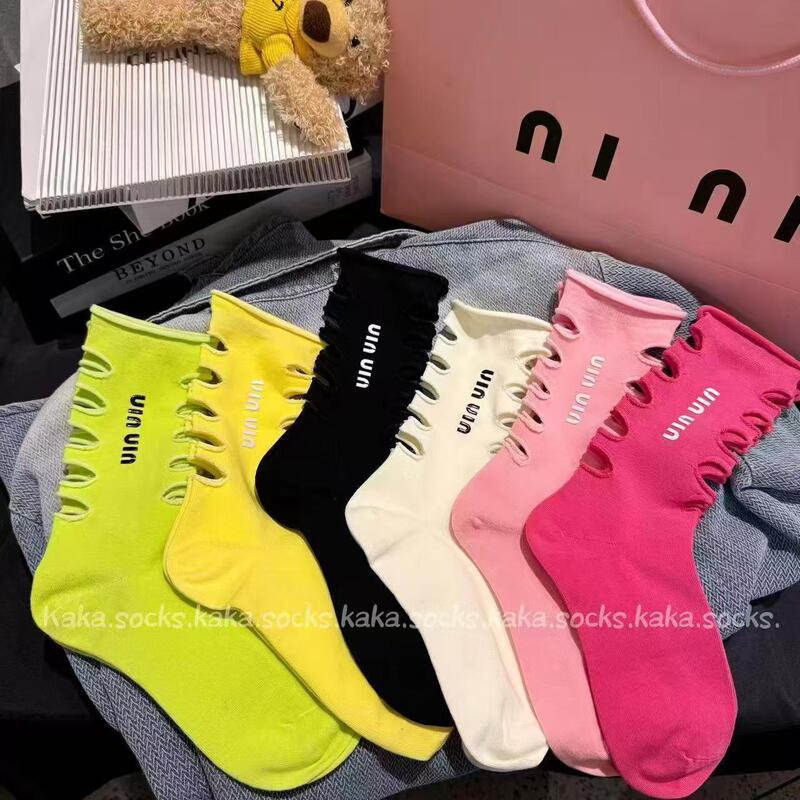 New Style Ripped High-End Light Luxury Letter Hollow European and Korean Version Trendy Socks Fashionable Versatile Slouch Socks