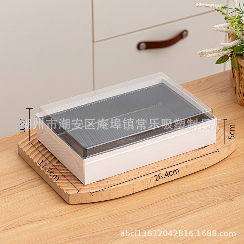 Caja de corte de frutas sin plegables, cuatro, cinco, seis cuadrículas de sushi, fruta fresca cortada, plástico transparente rectangular, caja de papel y plástico de tres piezas