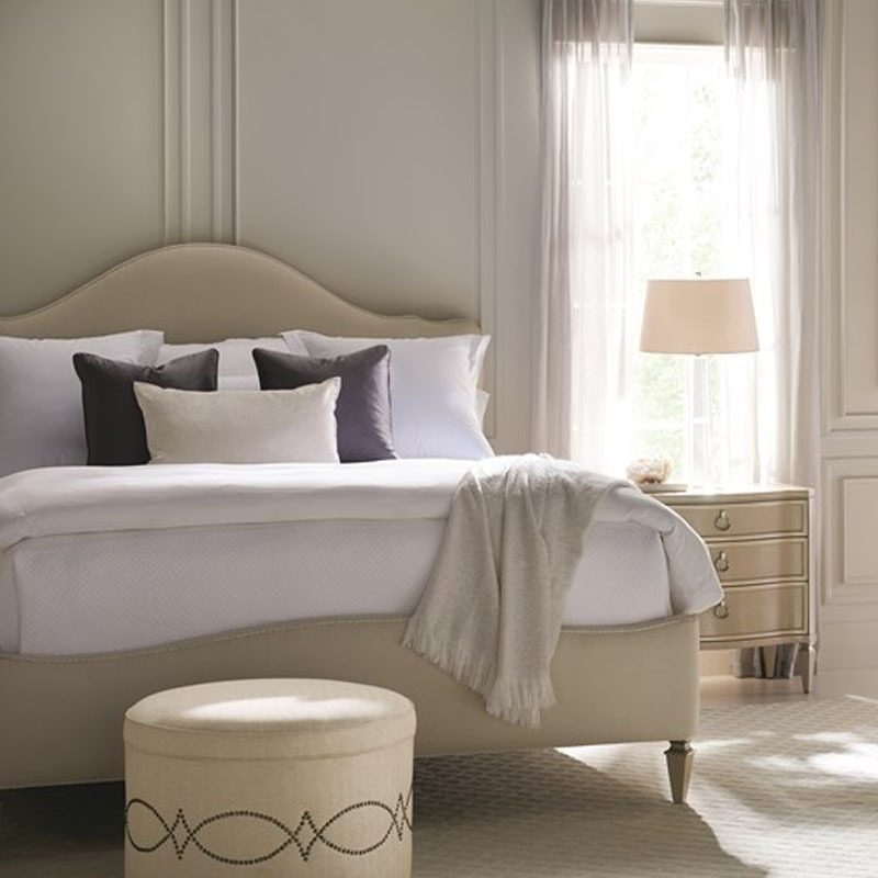 American Country Fabric Double Bed with Carved Light Luxury Princess Bed, Modern Minimalist Champagne Color Bedside Table Bedroom Furniture