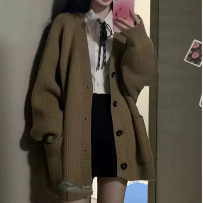 韩版针织衫开衫外套女学院风秋冬新款纯色外搭宽松V领保暖上衣潮