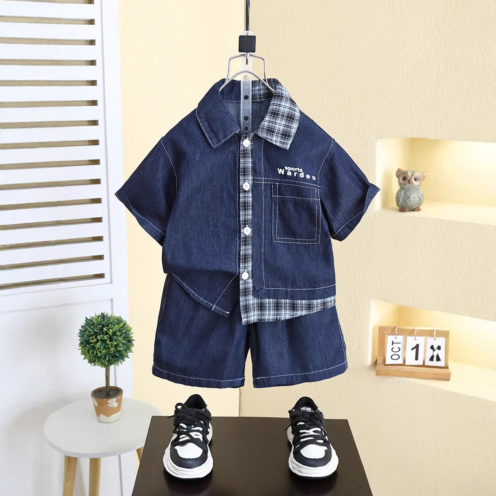 8097 traje de manga corta de mezclilla para niños 2025 nuevo vestido de verano camisa guapa para niños ropa casual de dos piezas de moda