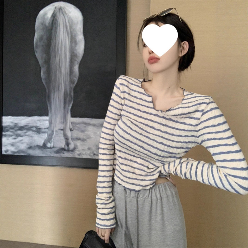 毛衣女打底衫设计感小V领边长袖T恤女装秋季撞色条纹显瘦短款上衣|undefined
