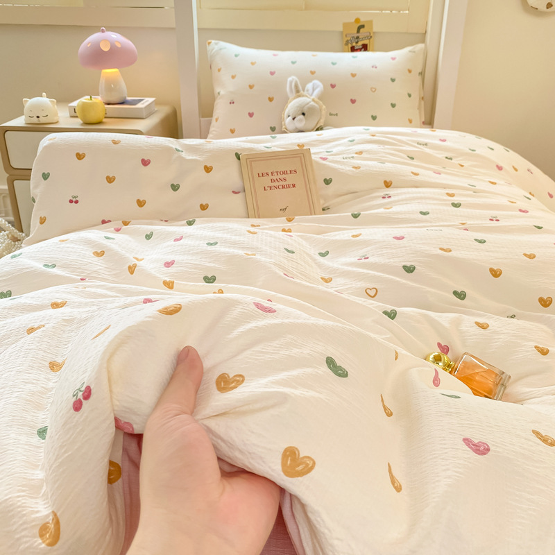 Class a Double-Layer Gauze Four-Piece Set Ins Cream Style Bed Sheet Duvet Cover Single Piece Home Student Dormitory Fitted Sheet Three-Piece Set