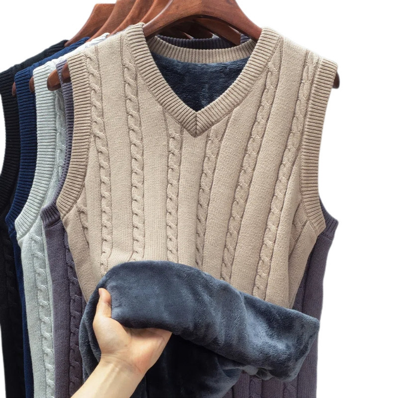 Cross-border Warm Sweater Vest Men's Sleeveless Knitted Autumn and Winter Fleece Knitted Sweater Thickened Vest Shoulder