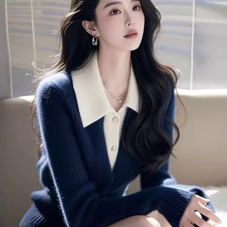 假两件毛衣女翻领拼色针织衫上衣2025秋冬季新款气质减龄显瘦外穿|undefined