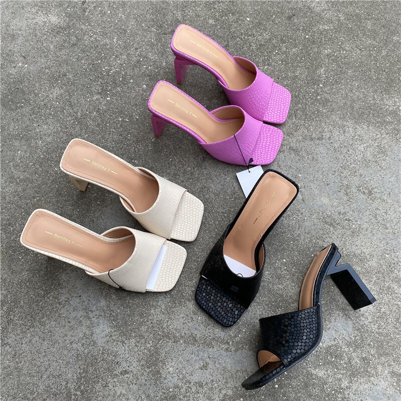 Foreign Trade High-Heeled Slippers for Women, Suitable for Outdoor Wear, 2023 Summer Fashion, Flat Heel, Square Toe, Sexy Slip-On Sandals, Trendy Ins Style