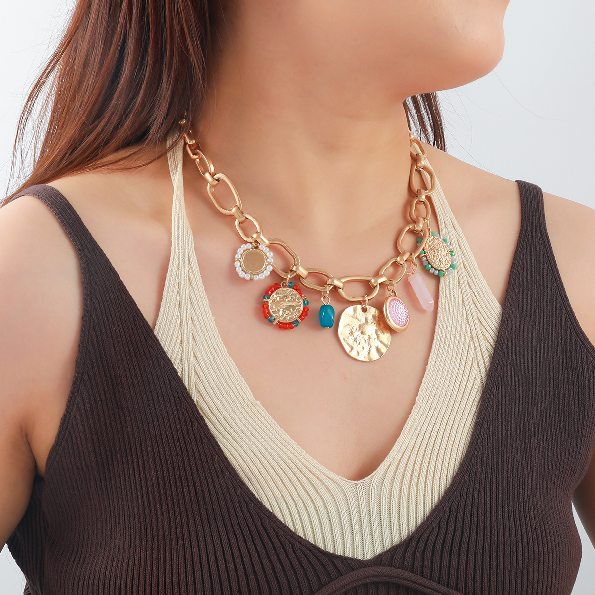 欧美夸张链条多层树脂手工编制朋克嘻哈风项链女几何吊坠跨境货源