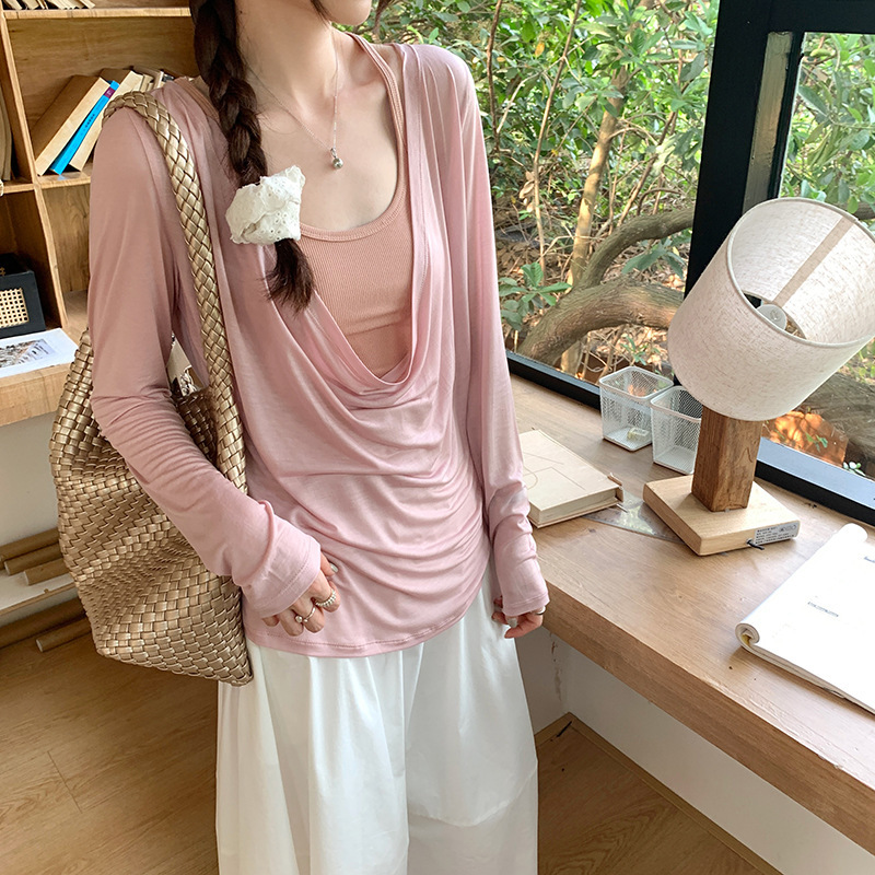 実写図ライゼル天糸の襟の日焼け止めのブラウスの長袖のtシャツの女性の2025新型の夏のきれいな小さい上着|undefined
