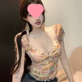 复古油画感小碎花v领短袖上衣夏季新款纯欲美网纱边辣妹T恤