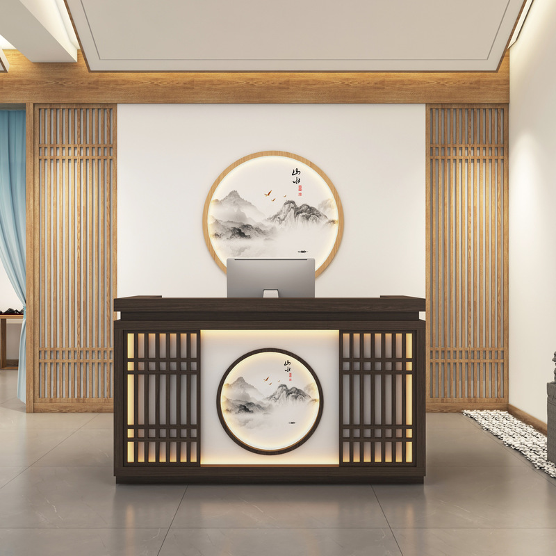 茶室、B&Bフロント、美容・健康センターのカウンター、無垢材の受付デスク、新しい中国風のレジ、モダンなバーテーブル|undefined