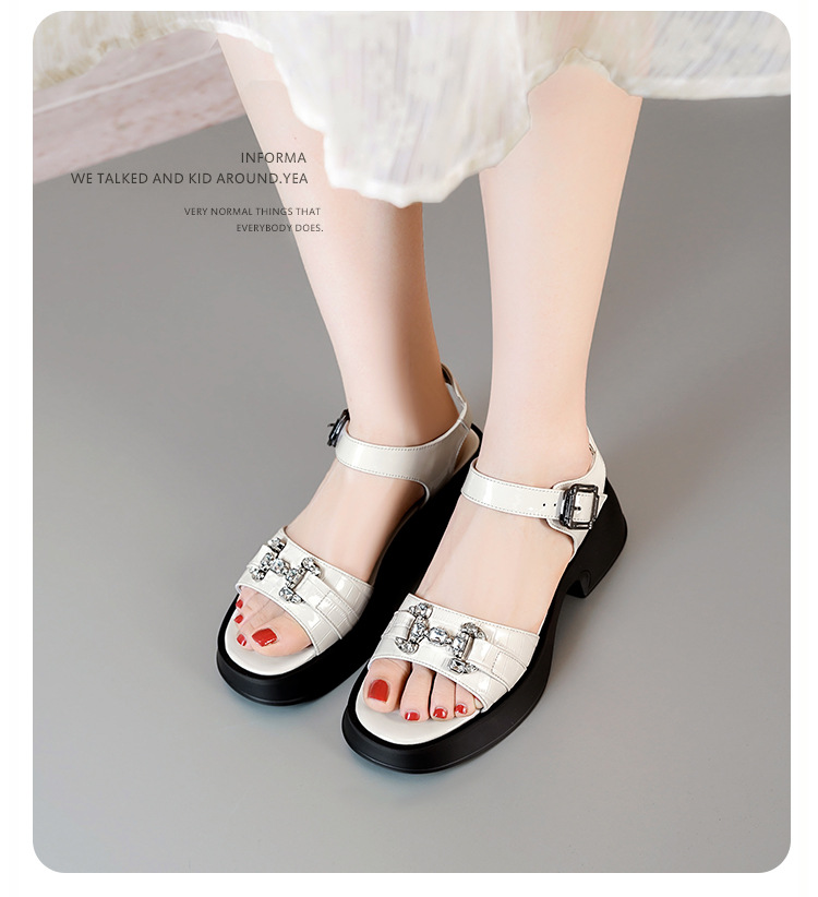 Sandal cao gót nữ da bò đế dày quai ngang đính đá — màu đen chi tiết 13