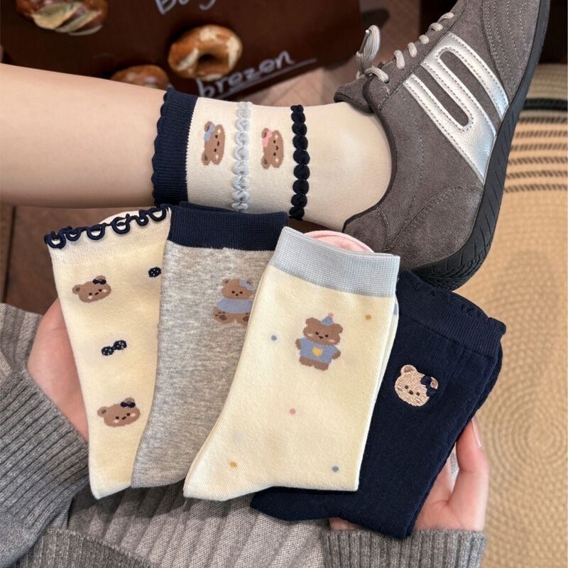Navy blue bear cartoon mid-calf socks, autumn/winter style, Korean girl's ins lace trim, slimming, versatile, cute, and trendy Navy blue bear cartoon mid-calf socks, autumn/winter style, Korean girl's ins lace trim, slimming, versatile, cute, and trendy