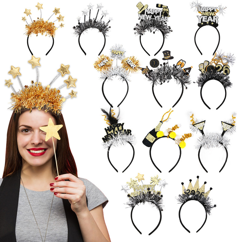 2026 新年スターカラフルなストリップヘッドバンドヘアアクセサリー新年パーティーの装飾ワイングラスレター五芒星ブラックゴールドヘッドバンド|undefined