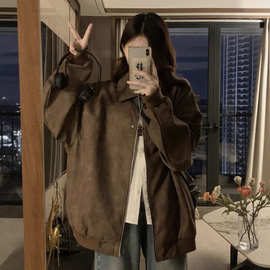 美式复古棕色翻领外套女2025春秋款高级情侣百搭休闲夹克机车上衣