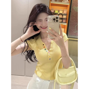 Korean Style Colorful Button V-Neck Chanel-Style Knit Sweater for Women 2025 Summer New Age-Reducing Fashion Chic Slimming Top