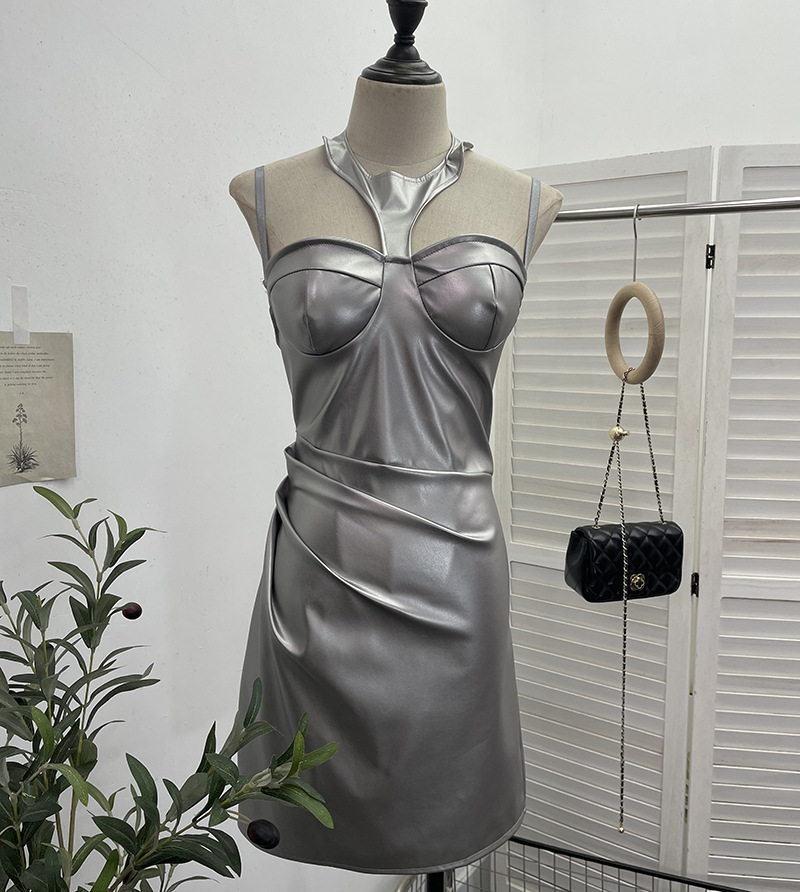 Chest Pad Halter Spaghetti Straps Dress Sexy Slim Fit Ruffle Hip Faux Leather Sexy 16 Chest Pad Halter Spaghetti Straps Dress Sexy Slim Fit Ruffle Hip Faux Leather Sexy