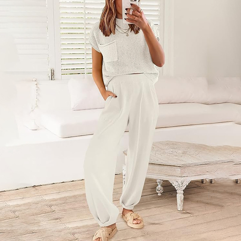 630g Weight Short Sleeve Sleeve Length Polyester Fabric Type Pant Co-ord Set Sets Type 2 Pieces Set Quantity Daily Street Women's Casual Solid Color Polyester Pocket Pant Co-ord Set Pants Sets