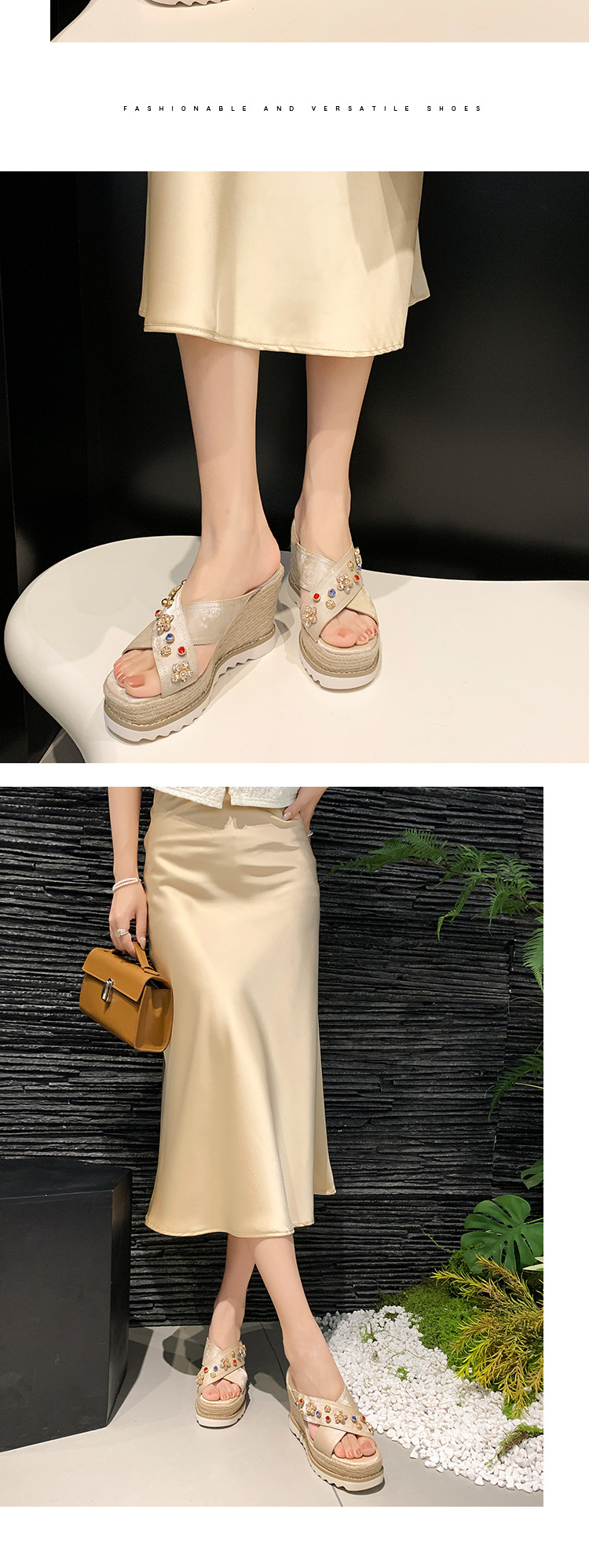 Sandal cao gót nữ hở mũi đế xuồng đan rơm, đính đá, quai ngang da thật — màu trắng ngà, màu kaki chi tiết 7