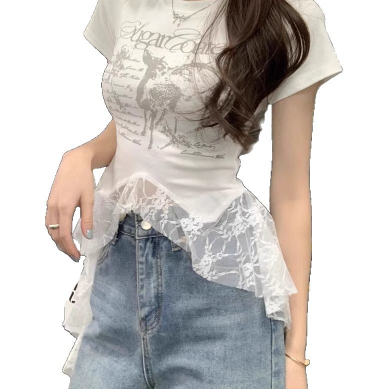 法式辣妹风蕾丝拼接短袖T恤女2025夏季新款修身字母印花外穿上衣|undefined