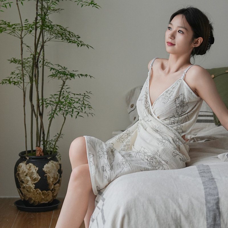 浴袍女吊带睡袍纯棉四层绉布情调一片式浴巾可裹可穿带沙滩巾|undefined